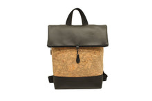 Load image into Gallery viewer, Unisex cork backpack with unique design, combining cork leather and black accents, dimensions 41 x 38 x 8 cm.