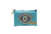 Load image into Gallery viewer, Vibrant blue purse wallet featuring an eye design and &quot;Greece&quot; inscription, perfect for stylish organization.
