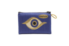 Load image into Gallery viewer, Elegant blue purse wallet with evil eye design, featuring &quot;Greece&quot; label, perfect for stylish small item storage.
