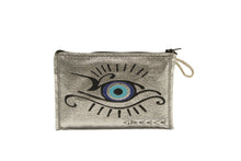 Load image into Gallery viewer, Elegant leather purse wallet featuring a unique evil eye design, ideal for securing coins and small essentials.
