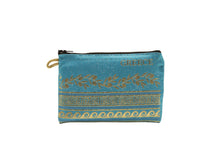 Load image into Gallery viewer, Blue purse wallet featuring Greek design elements and the word &quot;Greece&quot; in gold, perfect for storing small items.
