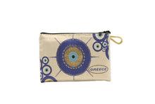 Load image into Gallery viewer, Decorative purse wallet with blue and gold patterns, featuring a zip closure and &#39;Greece&#39; label. Ideal for stylish organization.
